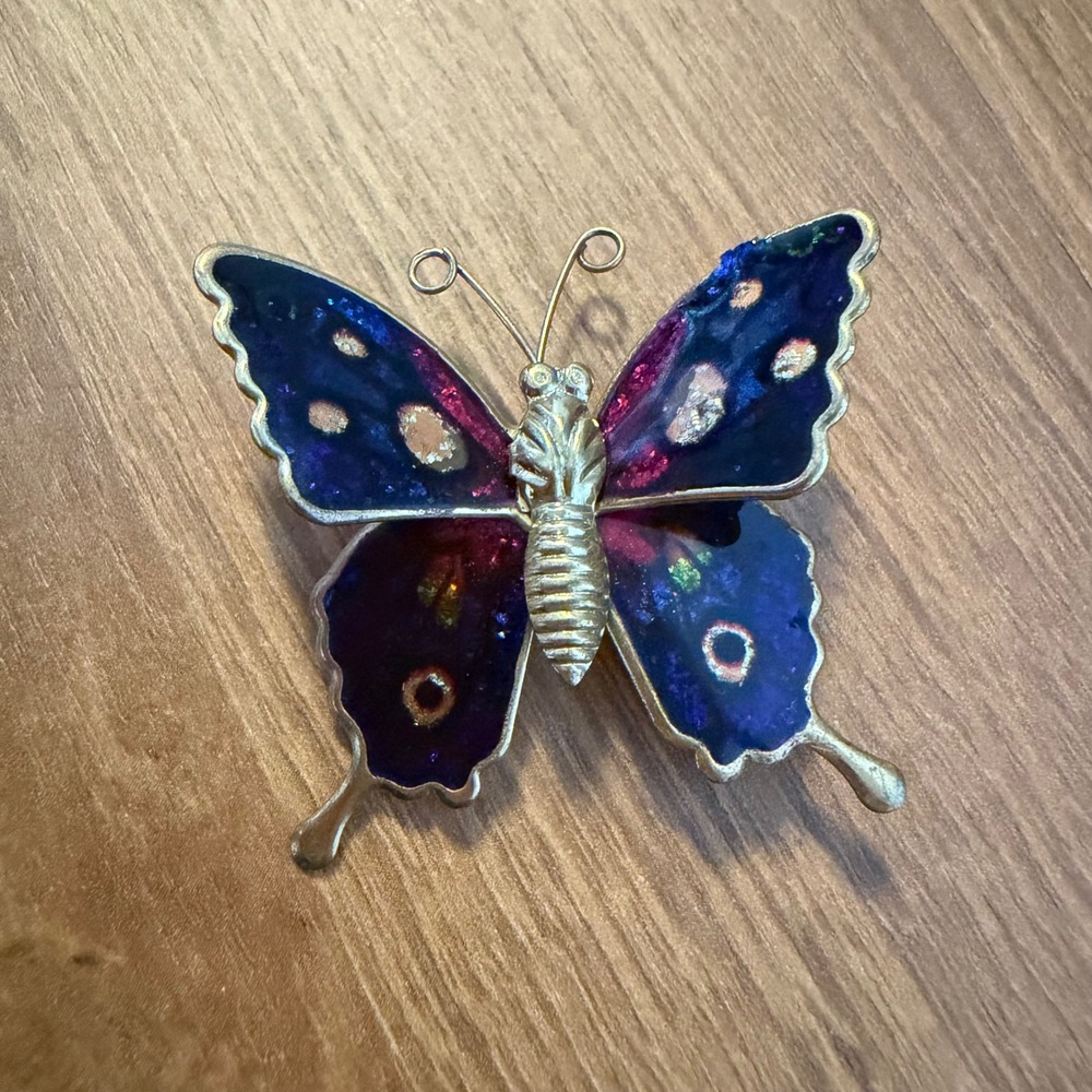 Vintage Butterfly Brooch Blue Purple Enamel Gold Tone Nature Pin 1.75 inch 70s